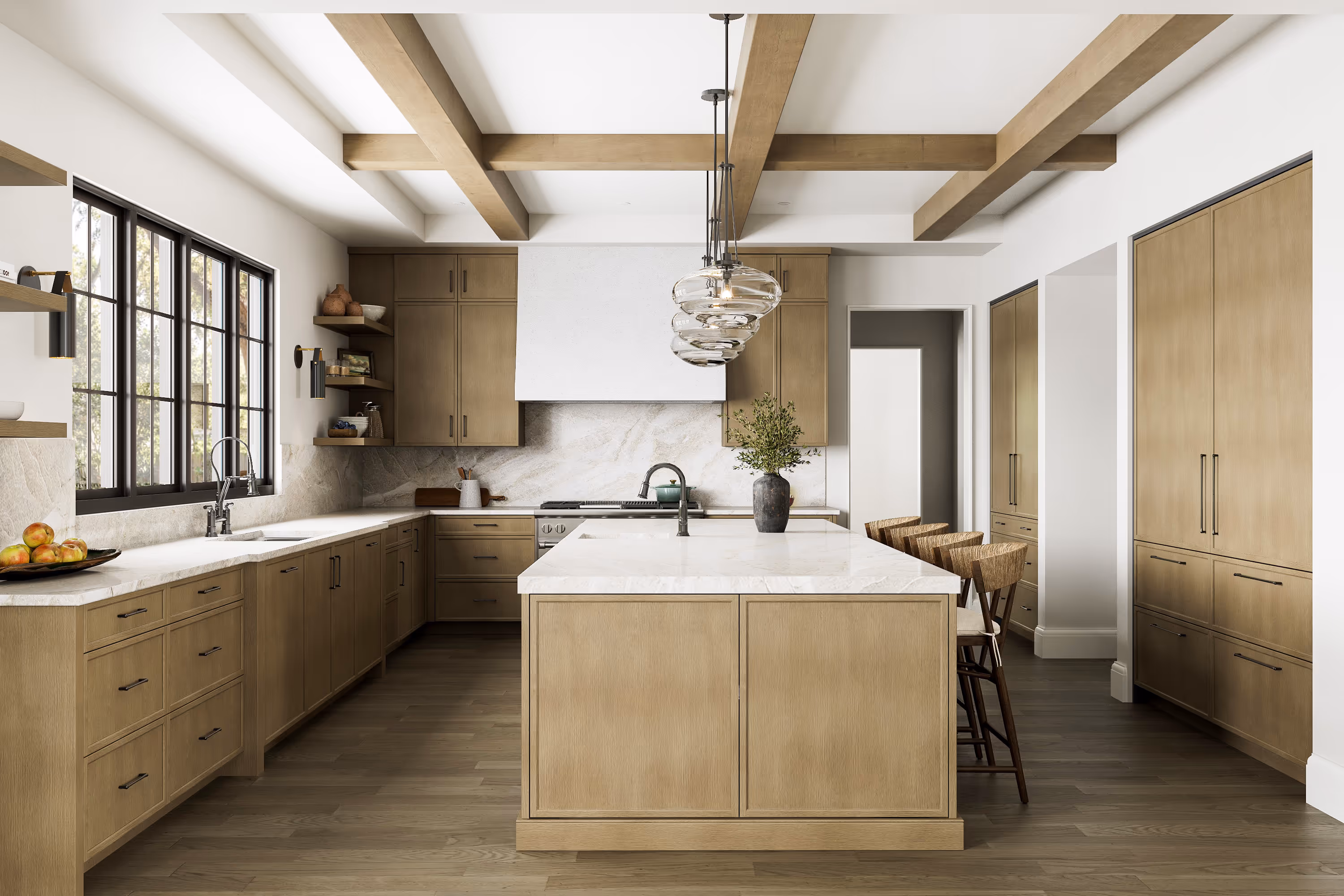 Green kitchen rendering focused on cabinetry and material choices